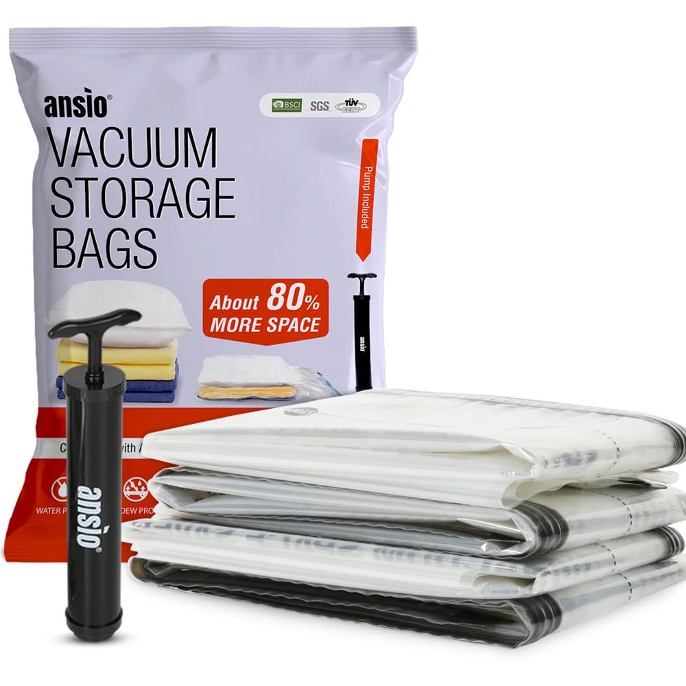 ANSIO® Vacuum Storage Bags for Clothes Jumbo Pack of 4 Double-Zip Seal & Triple Seal Turbo Valve Vacuum Bags for Duvets, Bedding Sets etc., 80% More Storage Travel Pump Included (Size: 110 x 80cm)