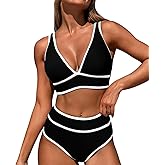 MIYOUJ High Waisted Bikini Sets Womens Cheeky Two Piece Swimsuit V Neck Color Block Bathing Suit