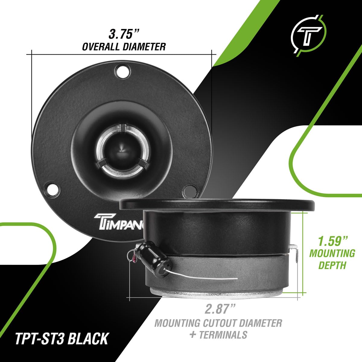 Timpano TPT-ST3 Black Slim Super Tweeter, 600 Watts 4 Ohm, 105 dB, 1 in Voice Coil, 3.75 Inch Pro Car Sound System Bullet Tweeters (Pair)