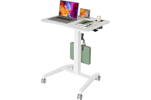 Gibbon Mounts Mobile Standing Desk, Height Adjustable Rolling Laptop Desk, 27 inches Portable Sit Stand Desk with Wheels and Hook, Pneumatic Computer Table, White