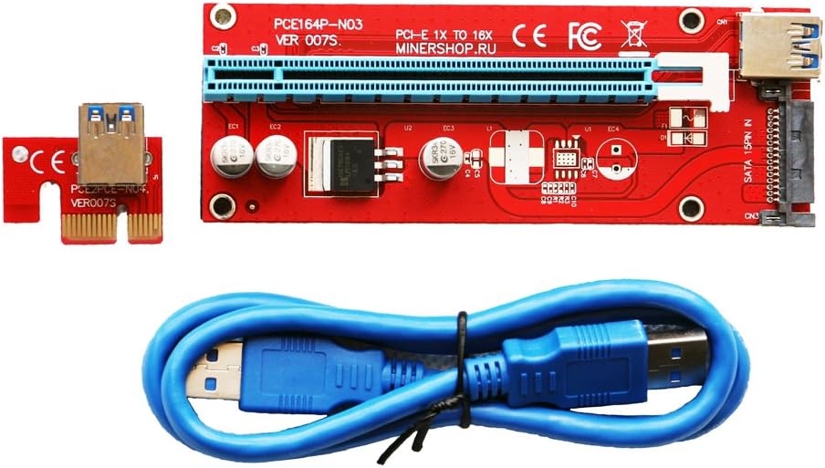Version 007S PCIe VER 007 PCI-E 1X to 16X Powered Riser Adapter Card w/ 60cm USB 3.0 Extension Cable & MOLEX to SATA Power Cable GPU Riser Adapter 16x to 1x w/60cm USB 3.0 Extension 12pcs-Pack