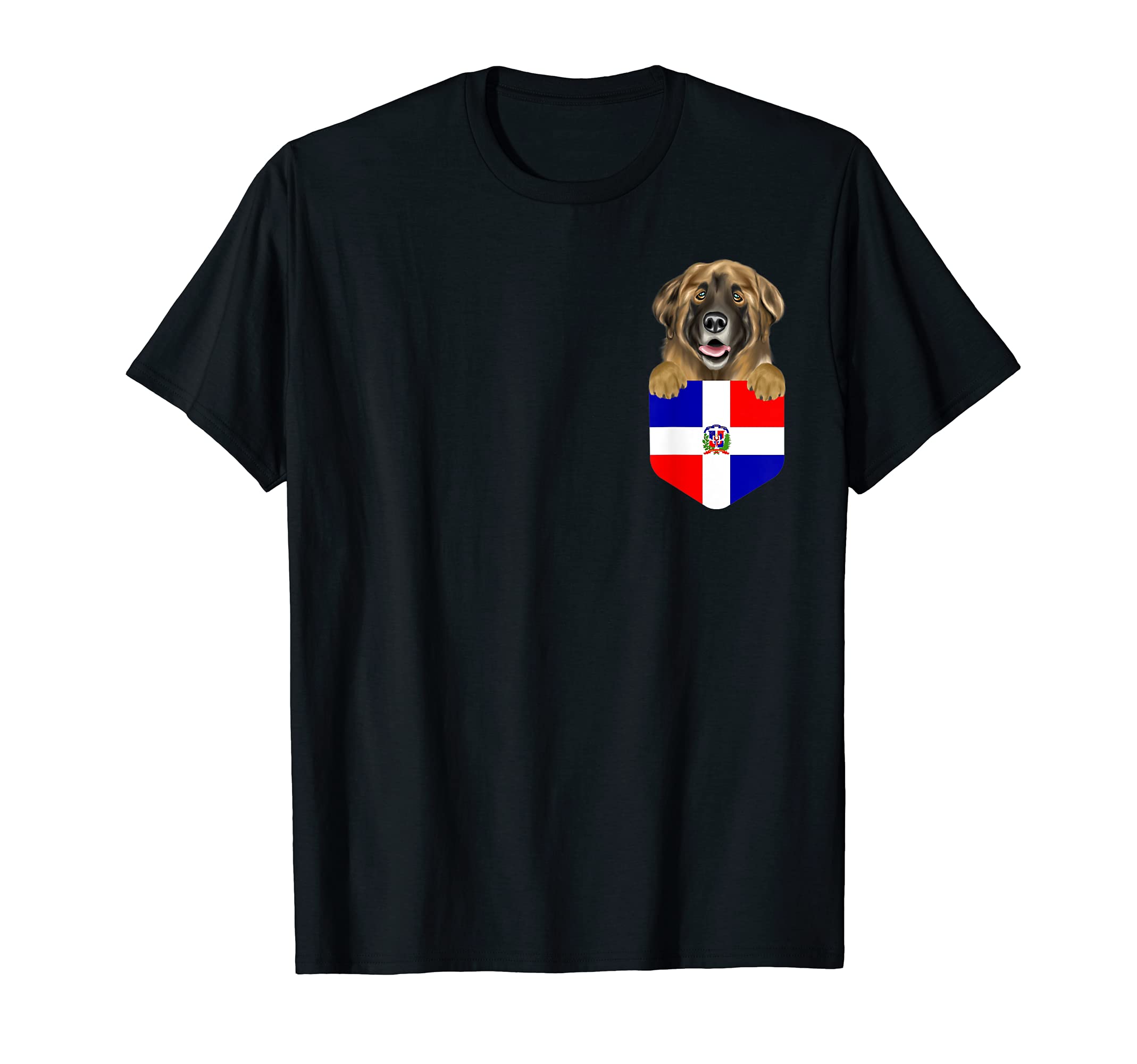 Dominican Republic Flag Leonberger Dog In Pocket T-Shirt