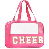 BuyCard Chenille Letter Patch Clear Travel Bags, Preppy PVC&Nylon Makeup Bag with Handle and Zipper, Waterproof Large Clear Travel Toiletry Bag Storage Bag for Women Girls