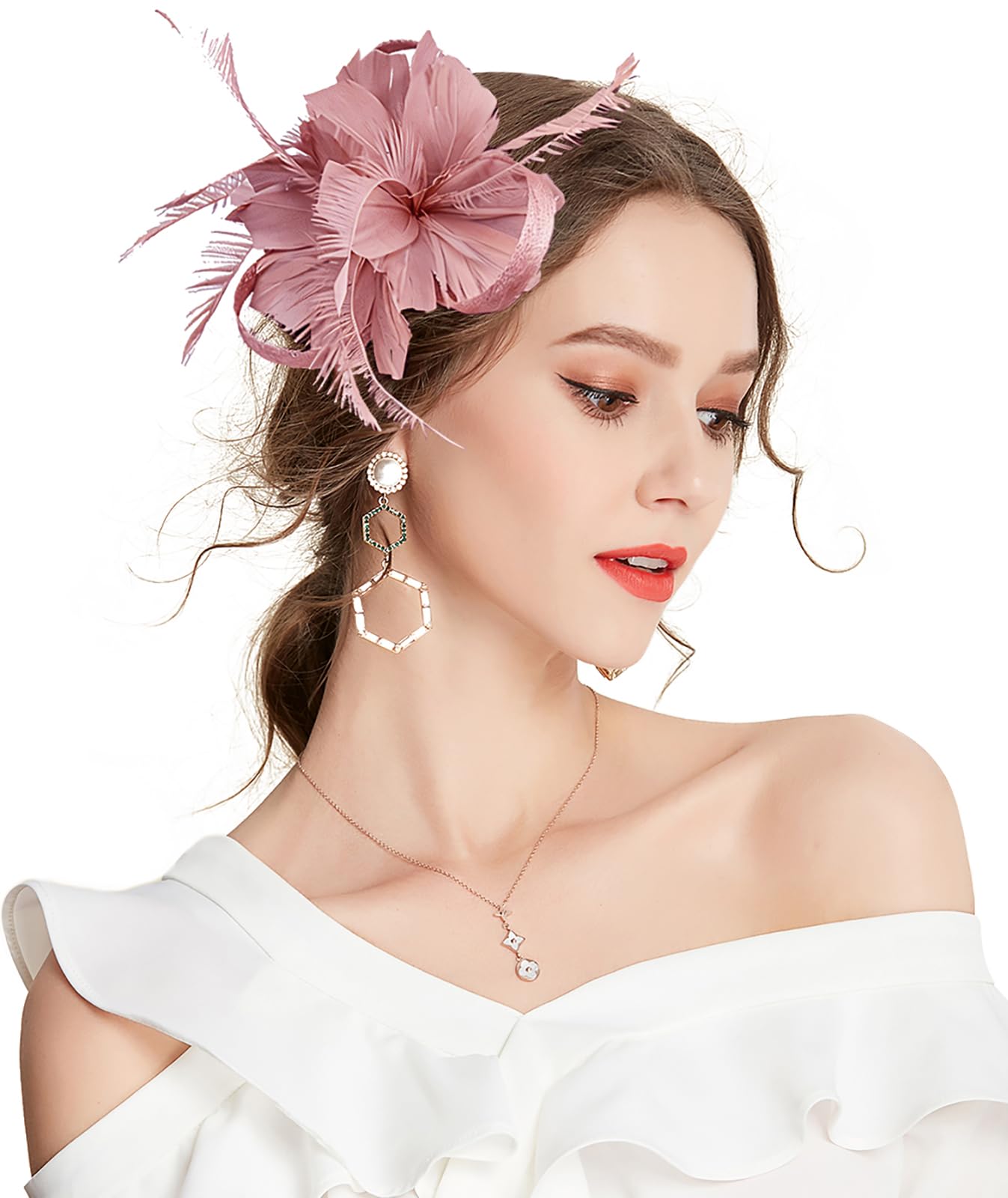 Z&X Women's Sinamay Fascinator Headband Clip Mesh Flower Feather Cocktail Pillbox Hat, D- Nude Pink, One Size