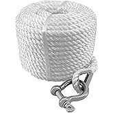 ISURE MARINE Solid Braid Nylon Marine Anchor Rope 3/8" x 75' White Anchor Line Boat Anchor Rope with Stainless Steel Thimble & Shackle