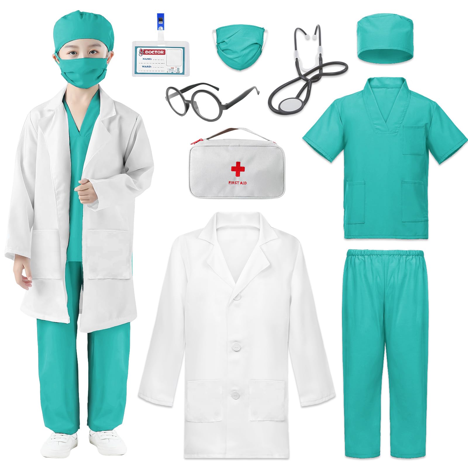 Metaparty Kids Doctors Outfit,Child Role Play Costumes Unisex,Doctor Fancy Dress Costume,Doctor and Nurse Costume For World Book Day Halloween Cosplay Party 110-150CM (Emerald Green, 130)