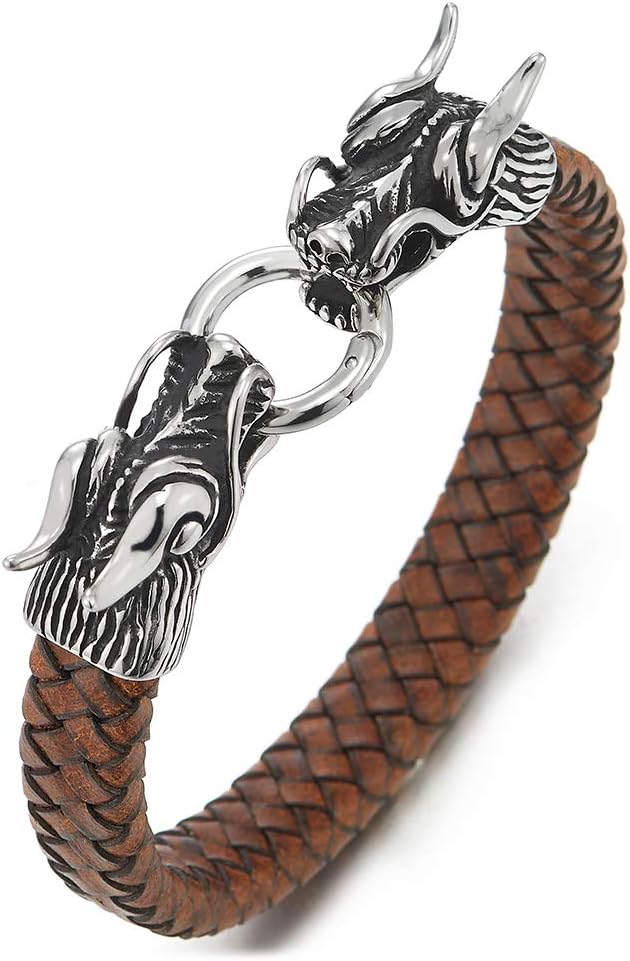 iMECTALII Steel Mens Brown Braided Leather Bangle Wristband Bracelet with Vintage Dragon Head Spring Closure