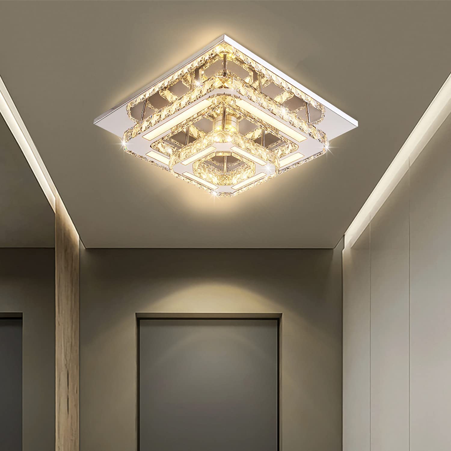 CXGLEAMING Crystal Flush Mount LED Ceiling Light Fixture, Modern Ceiling Lamp Square Crystal Pendant Lighting for Kitchen Bedroom Living Room Dining Room Hallway, 3 Color Temperatures in One