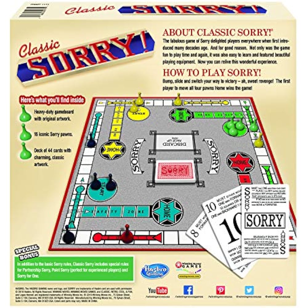 Sorry Classic Edition Board Game, Multicolor Toys & Games 885902851291