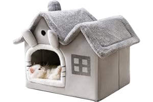 SRUTIRBO Luxury Double Roof Indoor Dog House Cat Nest,Foldable Warm Soft Kennel,30D High Elastic Memory Sponge,Removable Cushion and Non-Slip Bottom (Grey Double Roof, M)