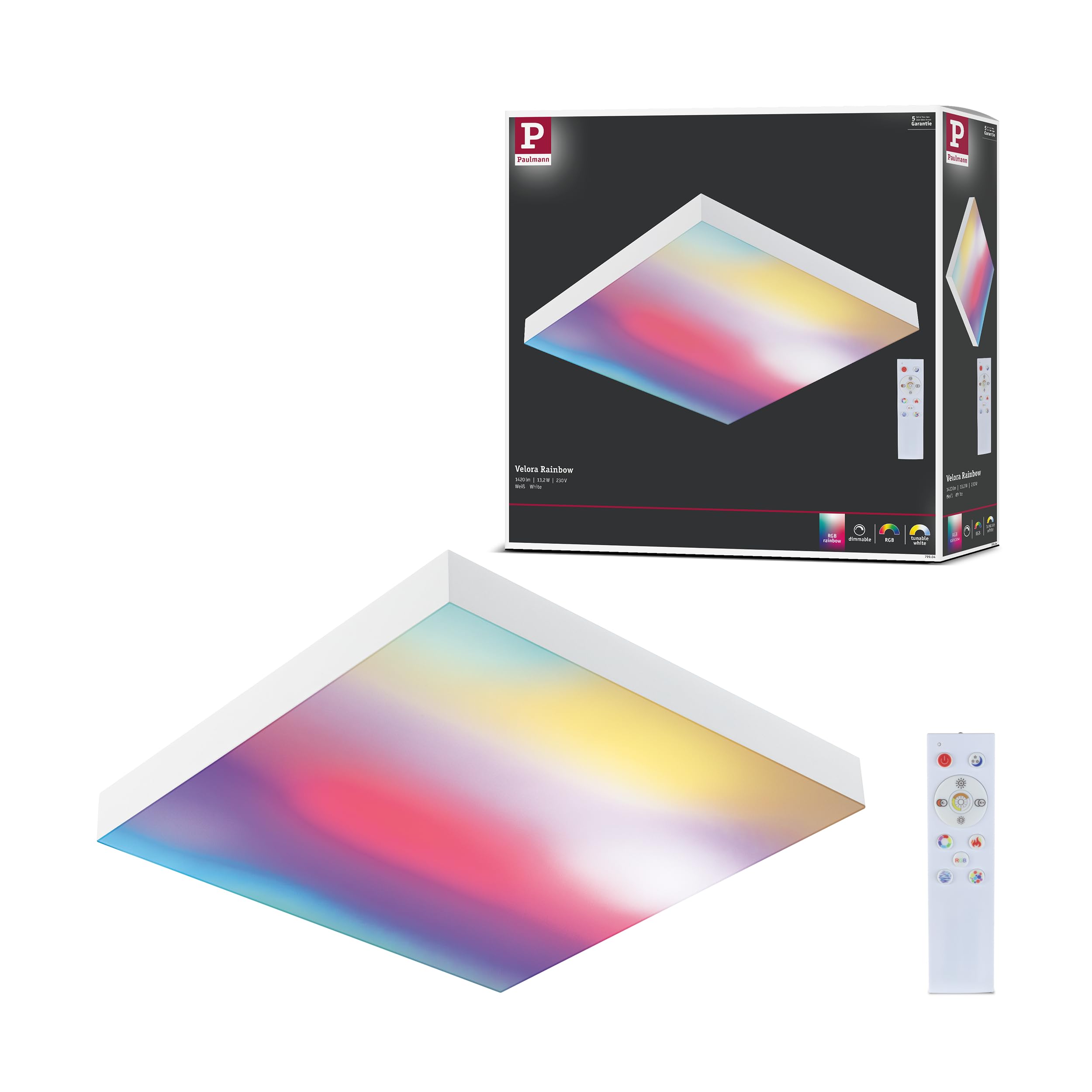 Paulmann Velora Rainbow 79904 LED Panel Square Including 1 x 13.2 W Dimmable DynamicRGBW Colour Control White Metal Ceiling Light 3000 K