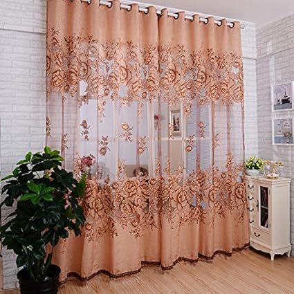 Zibuyu Peony Pattern Voile Curtain (Coffee)