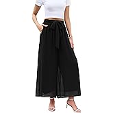 WANGZHI Women's Wide Leg Chiffon Dress Pant Elegant Party Elastic Waist Trouser with Pockets