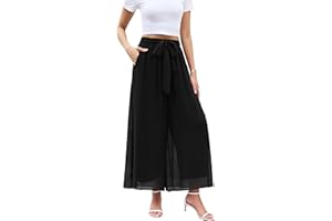 WANGZHI Women's Wide Leg Chiffon Dress Pant Elegant Party Elastic Waist Trouser with Pockets
