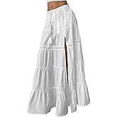 SOLY HUX Women's Flowy Maxi Skirt Tie Front Elastic Waist Lace Split Ruffle Hem Long Skirts
