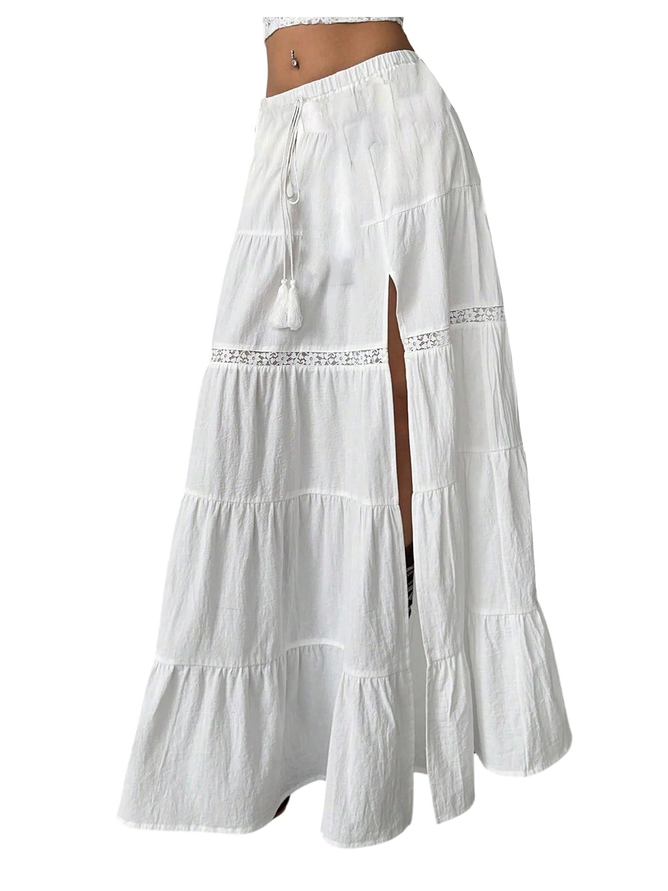 Photo 1 of **MINOR DAMAGE**
SOLY HUX Women's Summer Split Maxi Skirt Tie Front Elastic Waist Lace Ruffle Hem Long Flowy Skirts Solid White Small