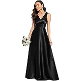 Ever-Pretty Women's Spring V Neck Floor Length Empire Waist Satin Bridesmaid Dresses Formal Prom Dress with Pockets 2326