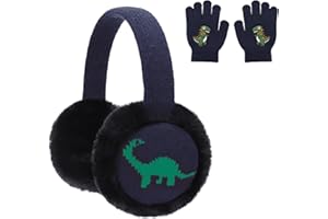 LUCKYBUNNY Kids Knit Dinosaur Earmuffs Gloves Set Boys Warm Plush Ear Muffs Winter Outdoor Ear Covers for Cold Weather