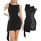 Popilush Cocktail Mini Dresses for Women - Built in Shapewear Party Dress Summer Boat Neck Ruched Bodycon Dress