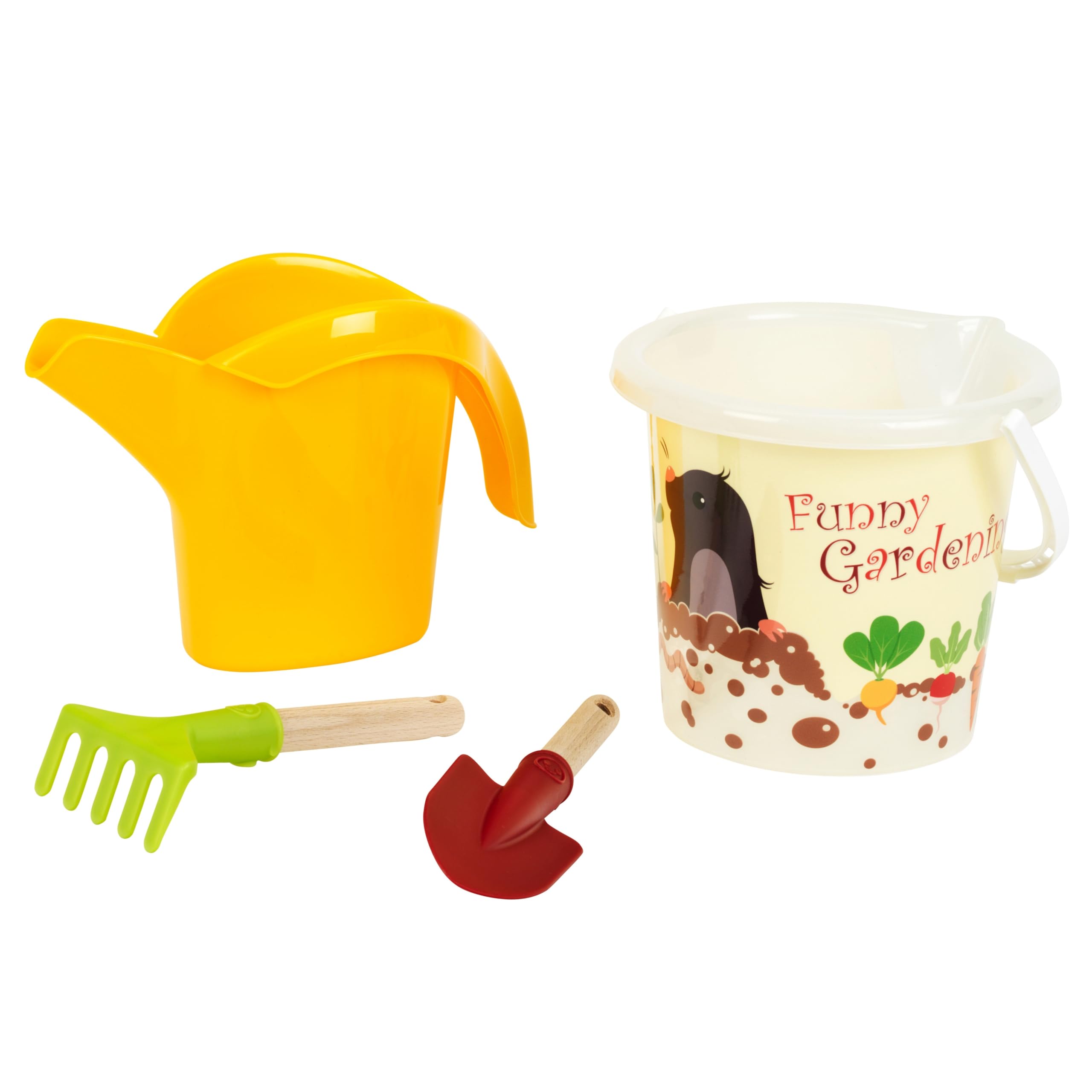 Theo Klein 7621 Sand Bucket Set - Garden, Incl. Watering Can, Shovel, and Rake with Short Wooden Handle, Recycled Plastic, Anti-UV, Toy for Children Aged 18 Months and Over