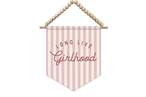 SJDFCSA Pink Girl Nursery Long Live Girlhood Wall Art Decor, Girls Room Decor, Boho Pink Striped Wall Hanging Display Pennant Flag for Kids Girls Nursery Toddler Room Bedroom Playroom
