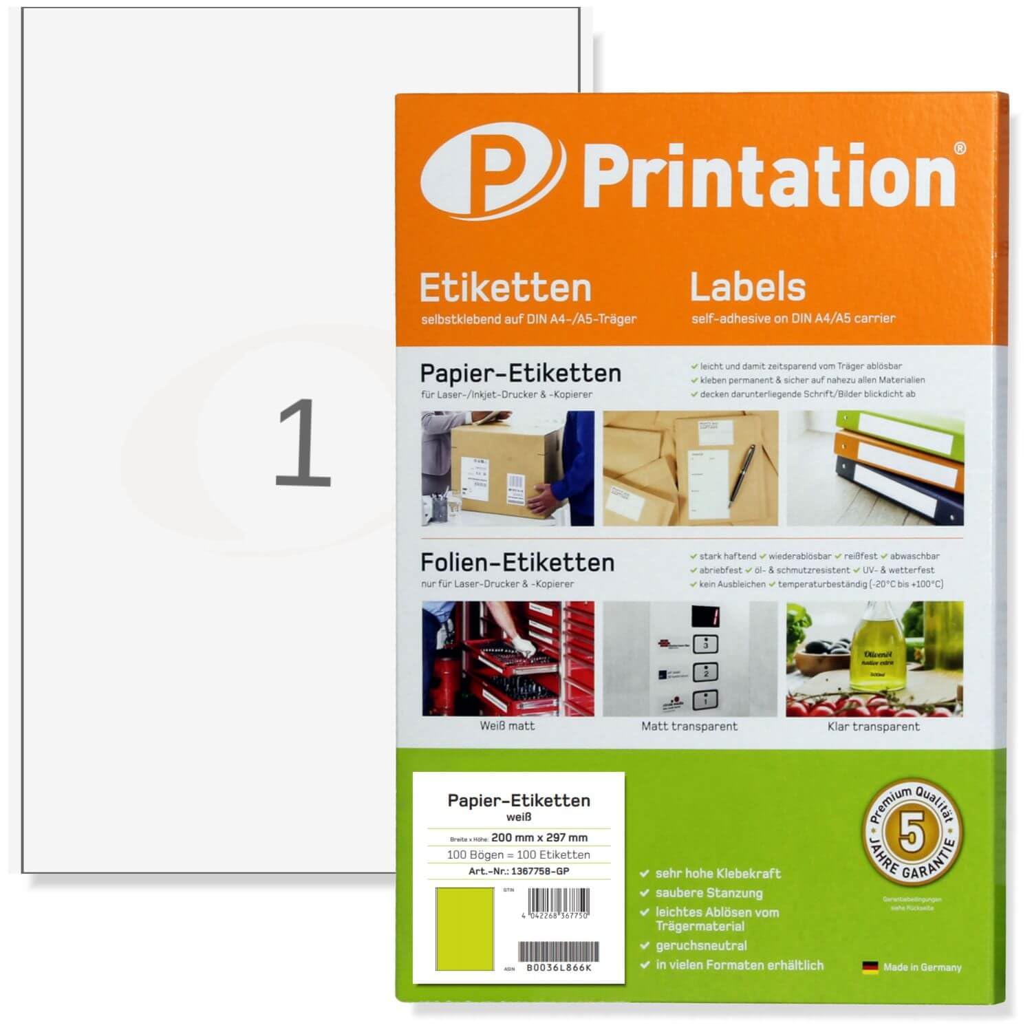 Printation A4 Sheets (DIN A4) Self-Adhesive Labels 100 Pieces (200 x 297 mm) White