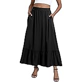 EXCHIC Women's Flowy Boho Maxi Skirt Elastic Waist A-Line Flared Ruffle Long Skirts with Pockets