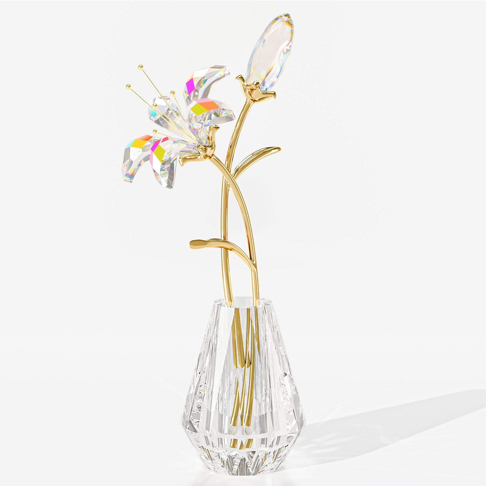 Ornalrist Crystal Lily Flower Collectible Figurine Gifts for Women Mum, Glass Lilium Floral with Metal Stem Crystal Vase for Wedding Valentine's Day Party Home Ornament Decor (Clear)