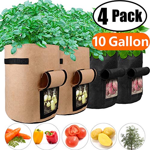 Potato Grow Bags 10 Gallon with Flap Velcro Window and Handles Garden Vegetable Grow Bags Breathable Nonwoven Heavy Duty, Smart Potato Tomato Veggies Flower Planter Bag (2x Black,2x Brown) Large,4Pack (Best New Potatoes To Grow)