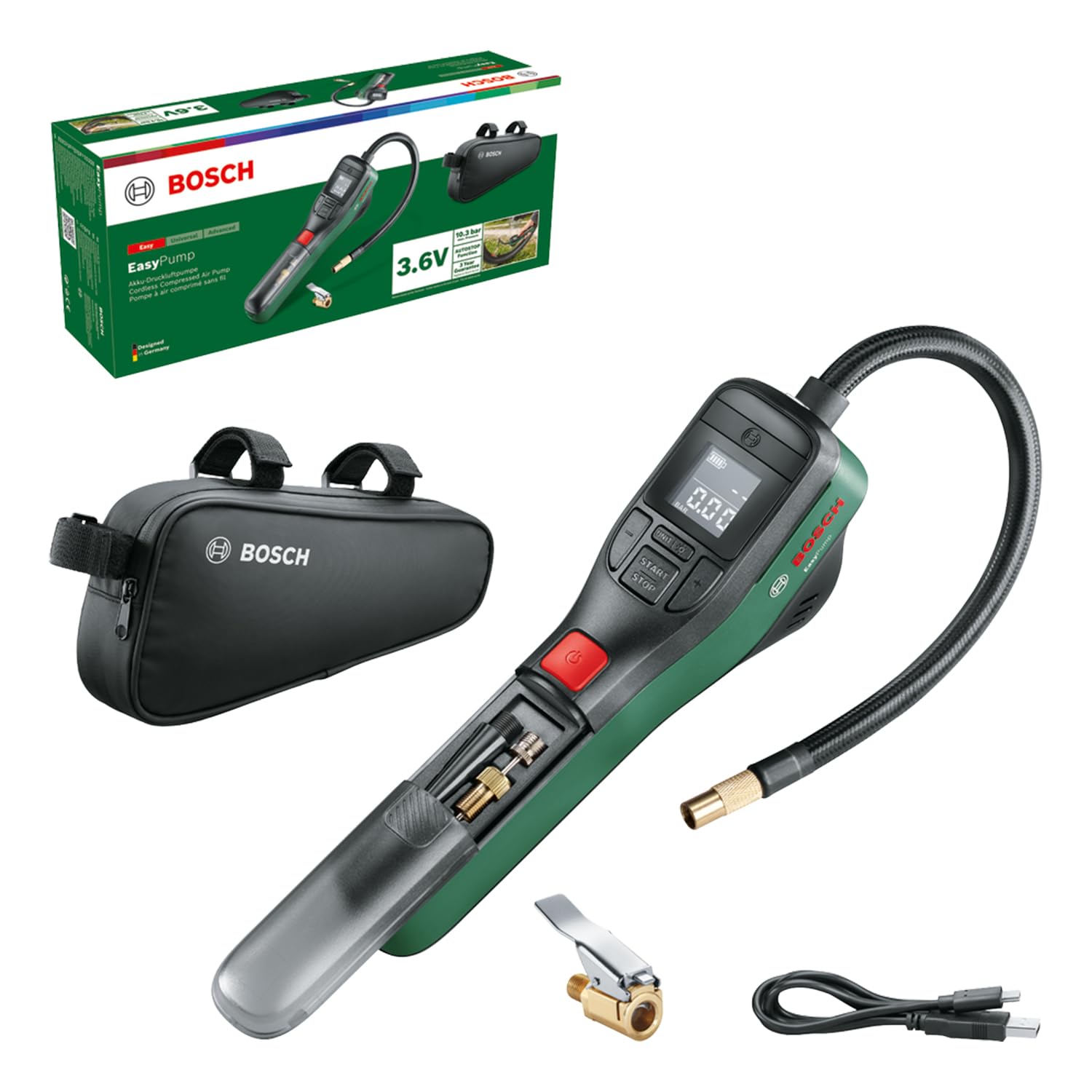 Bosch elektrische Fahrradpumpe/Luftpumpe/Mini Kompressor EasyPump (3,0 Ah Akku; 3,6 Volt; Autostop-Funktion; 150 PSI; 10,3 bar; LED; USB-C®; 3X Adapter; Schnellanschlussstecker; Fahrradtasche)