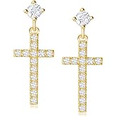 Carleen 14K Gold Plated Sterling Silver Stud Earrings Cubic Zirconia CZ Simulated Diamond Small Little Cute Dangle Drop Cross Earrings Fine Jewelry Birthday Gifts for Women Girls, Height 0.9 Inch