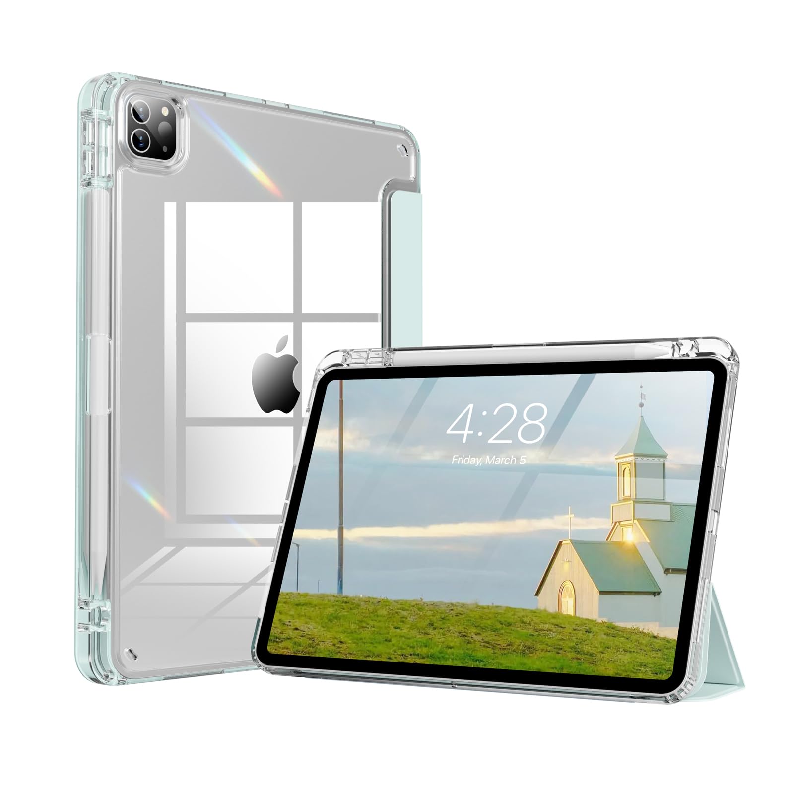 Photo 1 of Kenke iPad Pro 11 Inch Case 4th/3rd/2nd Generation 2022/2021/2020 Support 2nd Pencil Charge with Right Side Pencil Holder, Transparent Acrylic Hard PC Back Cover & Translucent Edge Side (Ice Green)