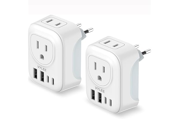 2 Pack European Travel Plug Adapter, VYLEE International Travel Adapter with 2 Outlets 4 USB Ports(2 USB C), 6 in 1 Type C Tr