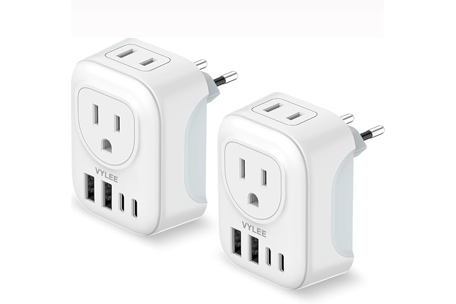 2 Pack European Travel Plug Adapter, VYLEE International Travel Adapter with 2 Outlets 4 USB Ports(2 USB C), 6 in 1 Type C Tr