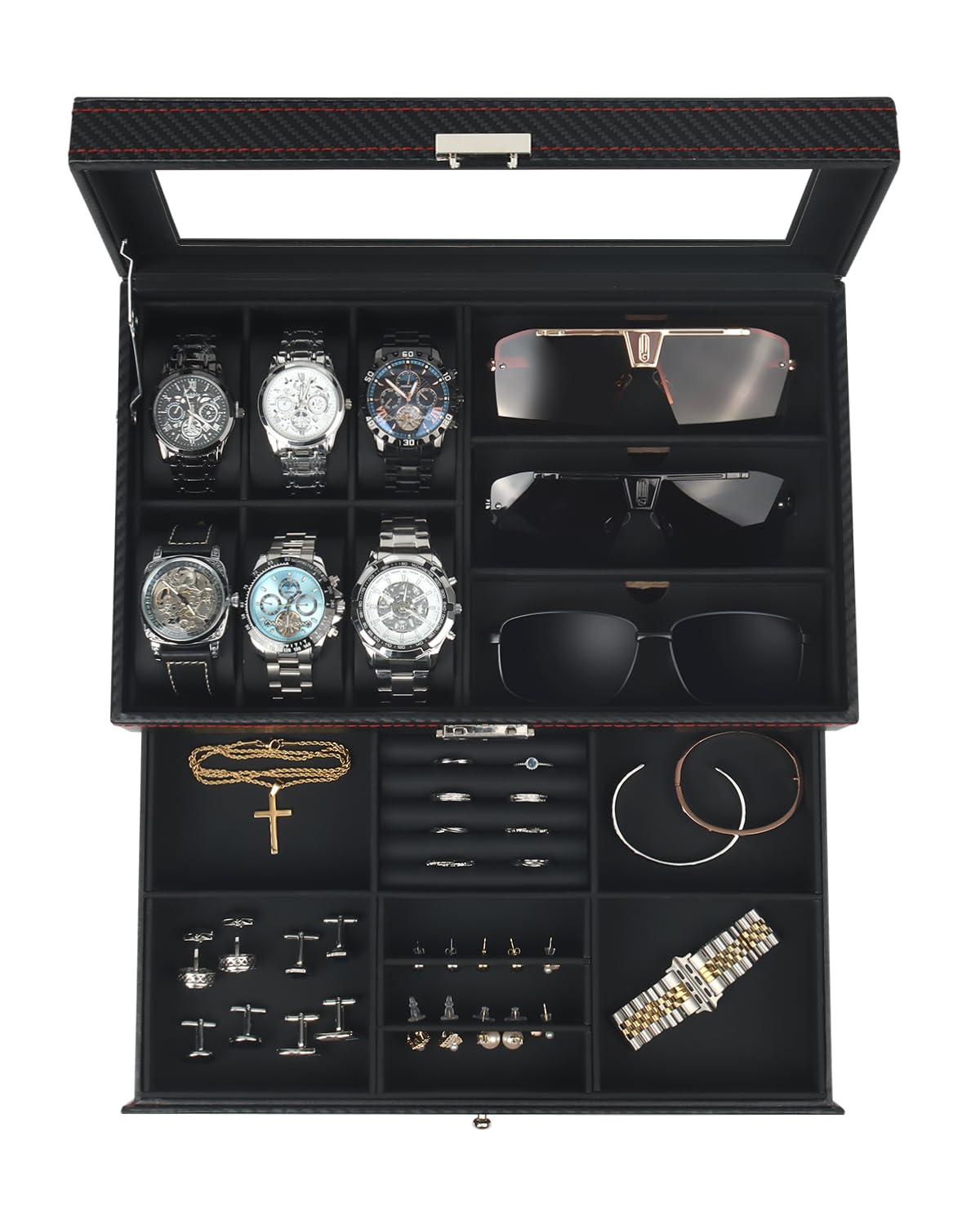 Photo 1 of ***DAMAGE - SEE PHOTOS/NOTES***
Kukikan Watch Jewelry Box Organizer, 6-Slot 2-Layer Watch Case and Sunglasses Storage with Large Glass Lid, Men's Jewelry Box with Lock, Watch Holder Display Case, Gift for Men Women