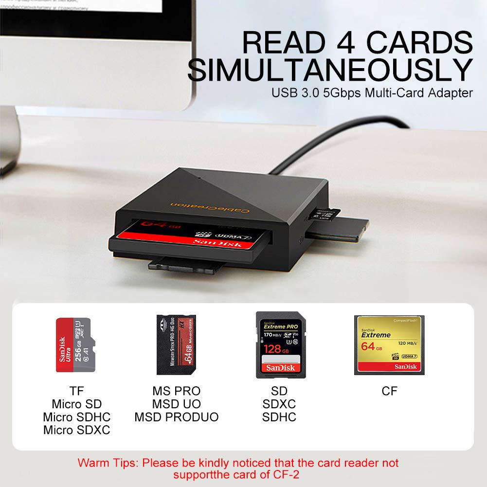 ULBRE SD Card Reader USB 3.0 5Gbps Multi-Card Adapter Read 4 Cards Simultaneously for Micro CF, CF, CFI, TF, MS, SD, SDXC, SDHC, Micro SD, Micro SDHC, Micro SDXC, MS PRO, MSD UO, MSD PRODUO