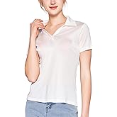 MOROUTLINE Women's Silk Polo Shirts Collar V Neck Golf Tee Top Short Sleeve Business Casual Tunic Blouses