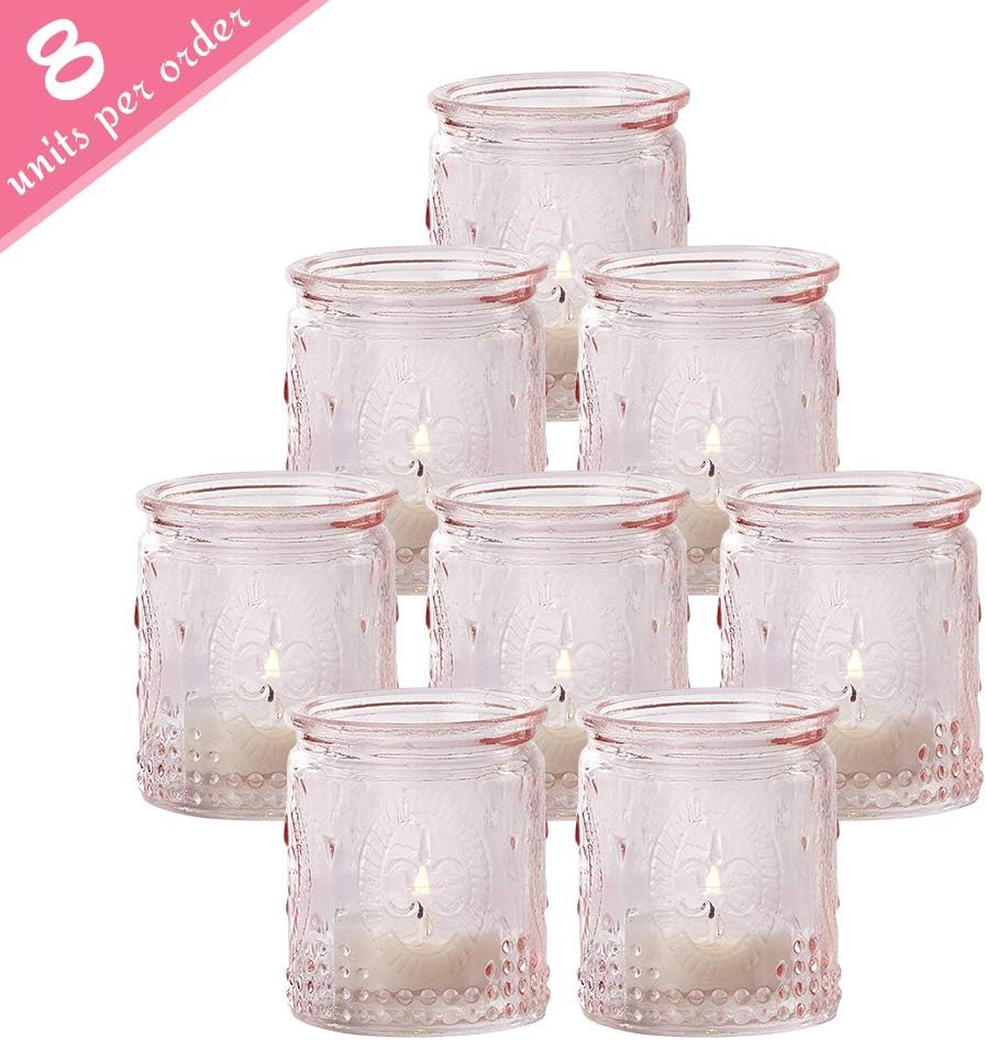 Kate AspenTea Light Holder, 8 Pcs Vintage Glass Tealight Candle Holders, Perfect Wedding Favor, Bachelorette Favor or Bridal Shower Favor - Pink