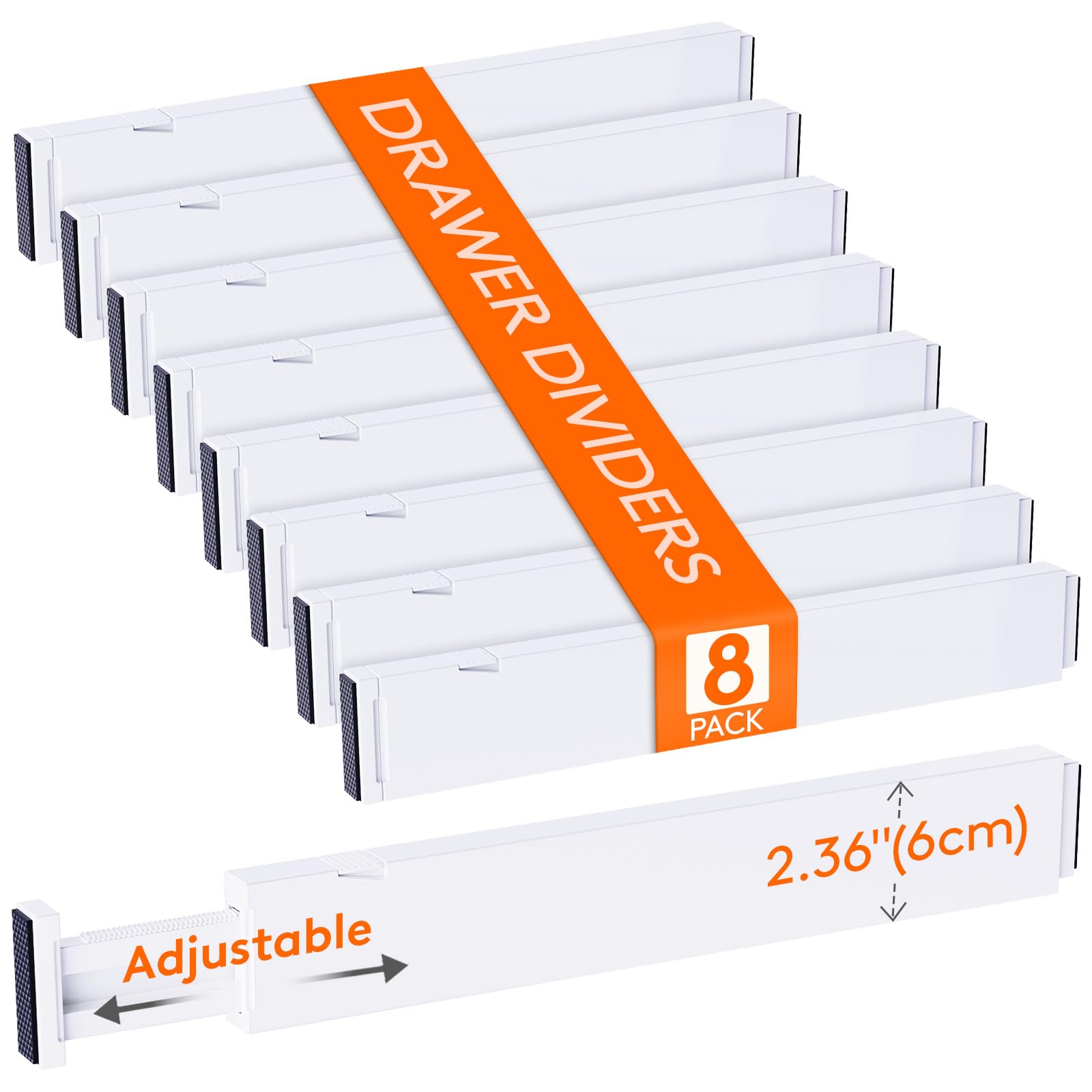 Lifewit 8 Pack 2.36" High Drawer Dividers 40-56cm/16-22 Adjustable Kitchen Drawer Organiser, Expandable Drawer Dviders for Clothes, Drawer Separator in Bedroom/Bathroom/Dresser/Office White