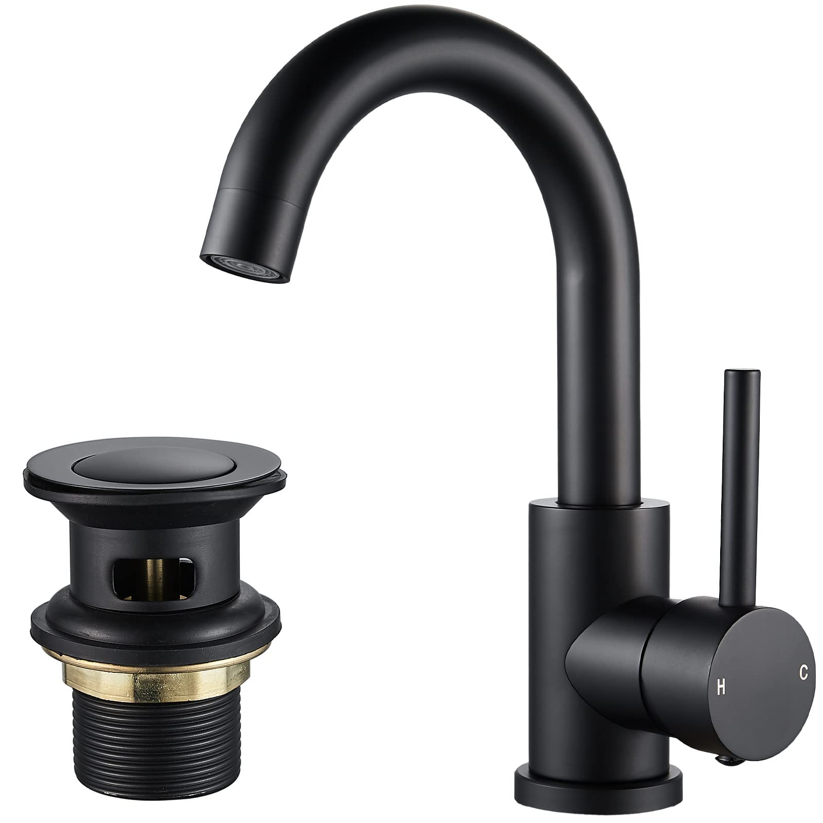 NewEast Basin Mixer Tap with Pop up Waste and Swivel Spout, Modern Black Brass Single Lever Bathroom Sink Tap Mixer