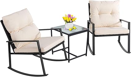Amazon Com Walsunny 3 Pieces Patio Set Outdoor Wicker Patio Furniture Sets Modern Rocking Bistro Set Rattan Chair Conversation Sets With Coffee Table Beige Garden Outdoor