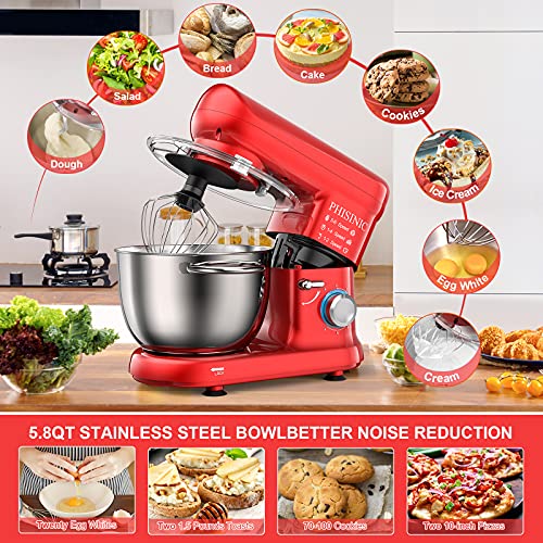 PHISINIC Stand Mixer, 5.8-QT 660W Electric Kitchen Mixer, 6-Speed Tilt-Head Household Stand Mixer, Kitchen Food Mixer with Dough Hook, Wire Whip and Beater, for Baking, Cake, Cookie, Kneading (Red)