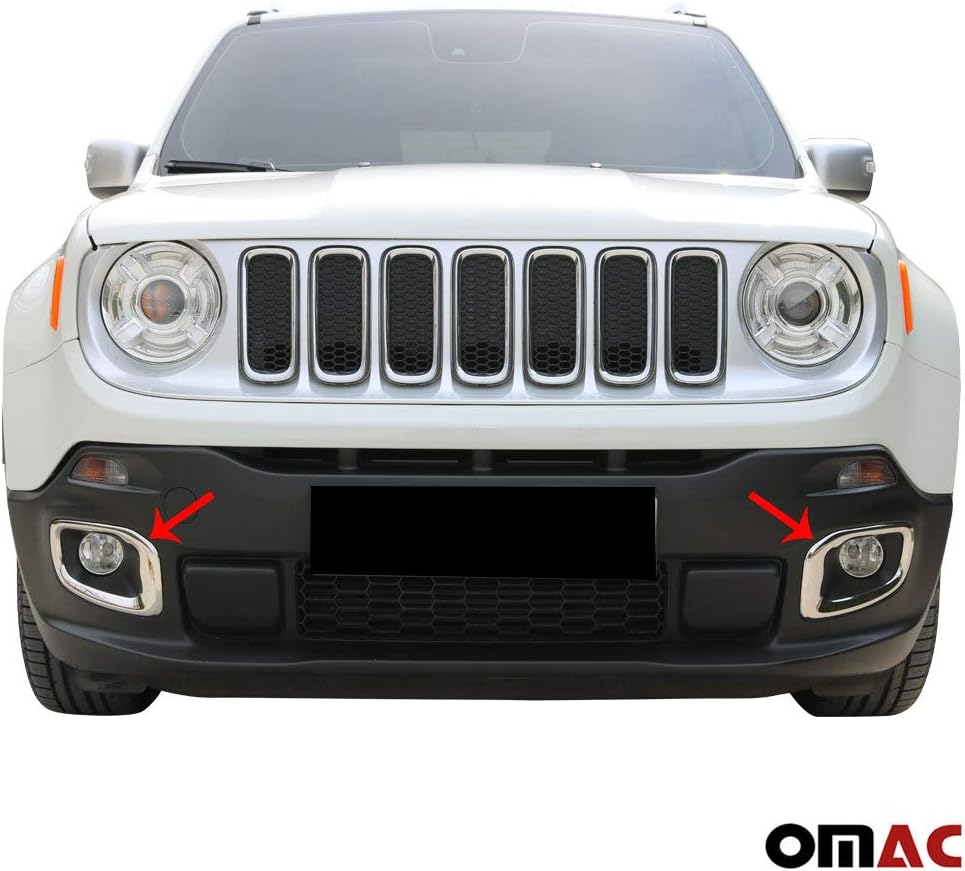JEEP RENEGADE 2014- Chrome Front Fog Light Surround Lamp Bezel Trim S. Steel