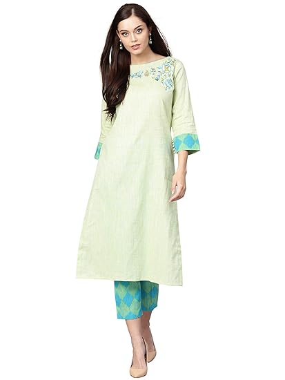Women's Cotton A-Line Kurta Set (Green)