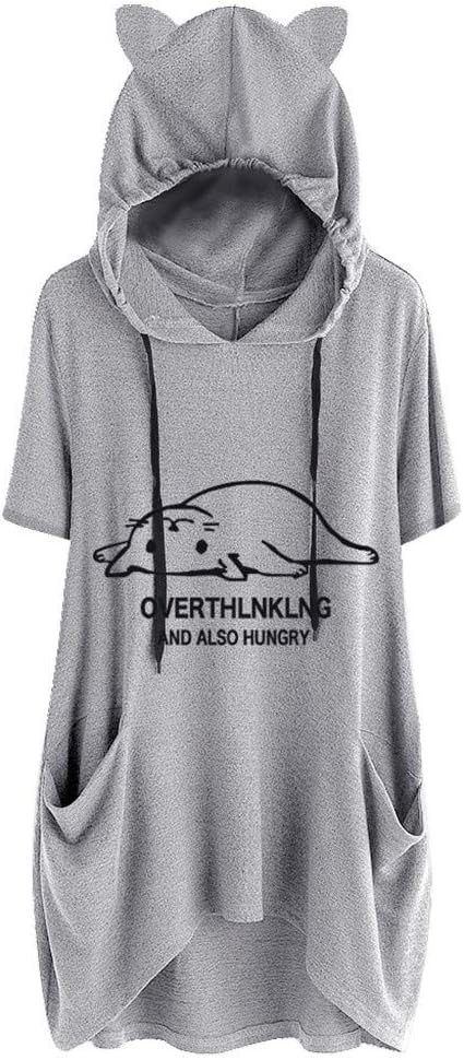Plus Size Womens Hooded Blouse Girls Casual Cartoon Print Short Sleeve Pockets T Shirt Tunic Tops