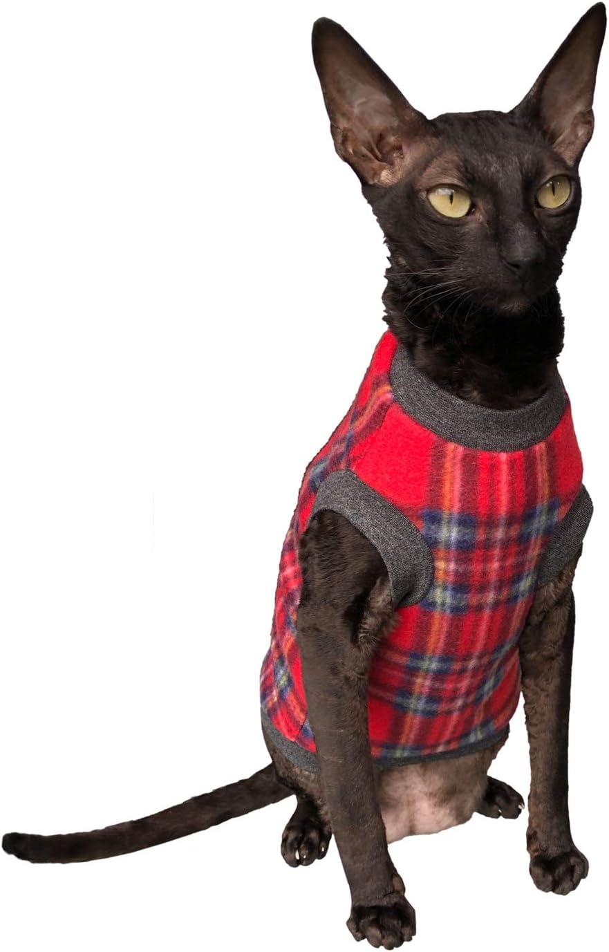 Kotomoda cat's sweater Plaid Red Grey Naked Cat Hairless Sphynx Cat Clothes (XS) - Image 4