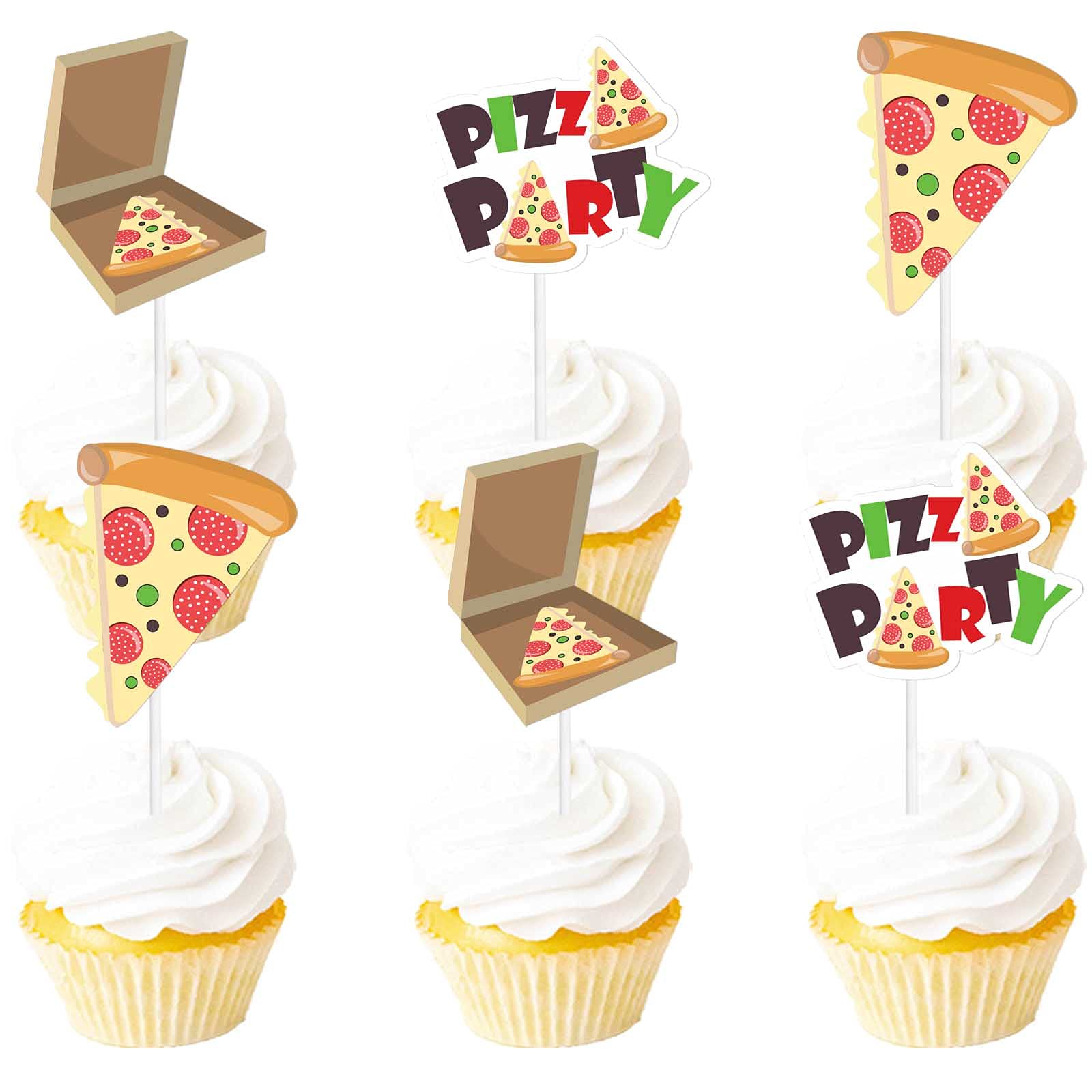 Photo 1 of 18pcs Colorful Glitter Pizza Party Dessert Cupcake Topper Baby Shower Fast Food Theme Decor Supplies Boys Girls Happy Birthday Decorations