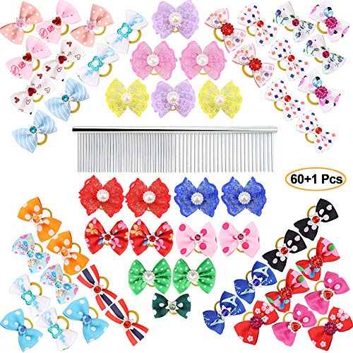60Pcs Dog Bows, Comsmart 30 Pairs Yorkie Dog Puppy Hair Bows with Rubber Bands & Rhinestone Pearls & Handmade Lace Fabric, Cute Pet Small Dog Hair Bowknot Topknot Grooming Accessories (60 Pcs +1 Comb)