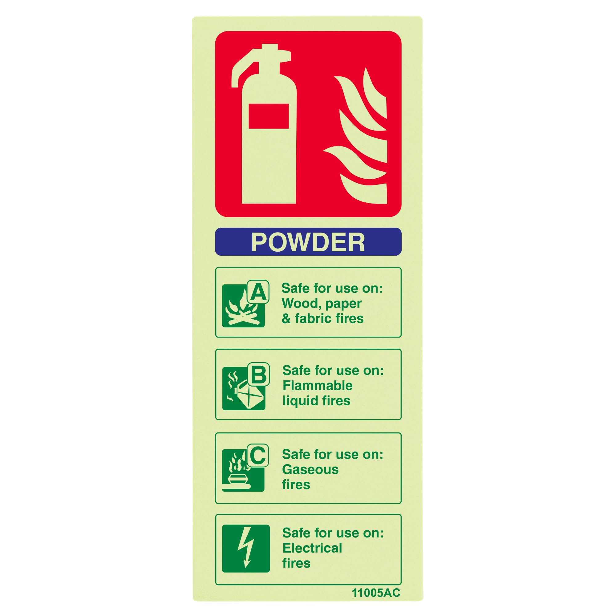 V Safety Glow In The Dark Powder Id Fire Extinguisher Sign - 75mm x 200mm - Self Adhesive Vinyl
