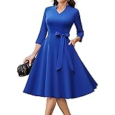 HomRain Elegant Long Sleeve Church Dress for Women V-Neck A-Line Swing Cocktail Causal Dress with Pockets